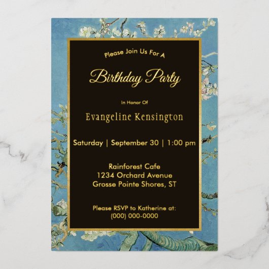 ヴァンゴッホアーモンドブロッサム絵を描ズ誕生日 箔招待状 (正面)