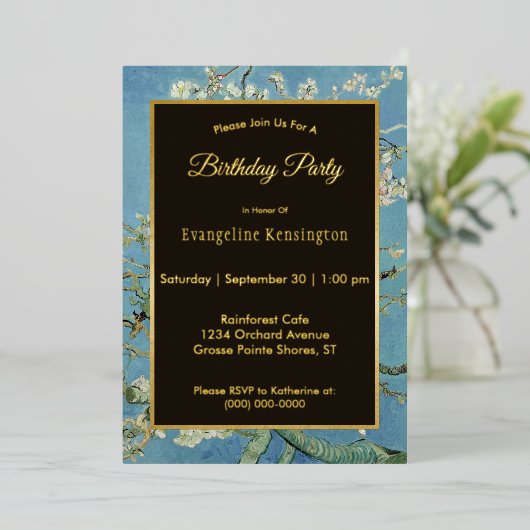 ヴァンゴッホアーモンドブロッサム絵を描ズ誕生日 箔招待状 (立ち正面)