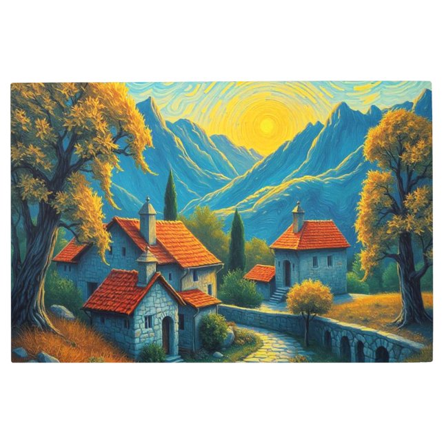 ヴァンゴッホスタイルビレッジランドスケープ メタルプリント (正面)