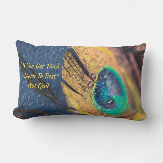 ヴァンテージ金ゴールドとアクアブルーカットピーコックフェザー ランバークッション (正面)