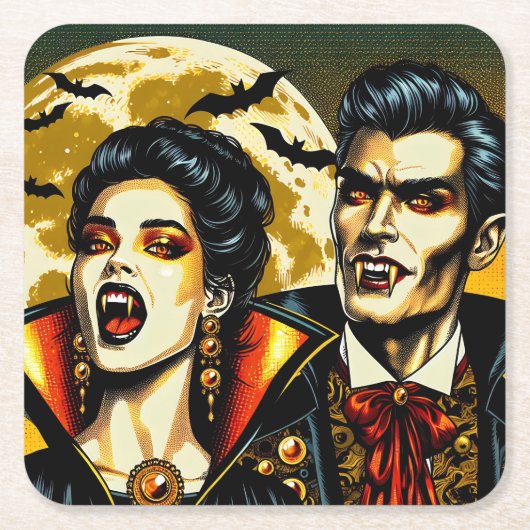 ヴァンパイアとこうもりハローウィンパーティ スクエアペーパーコースター (正面)