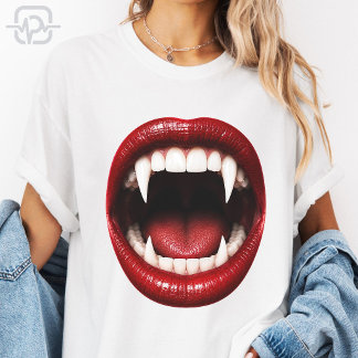 ヴァンパイアの牙 赤い唇 開いた口 ハロウィン Tシャツ