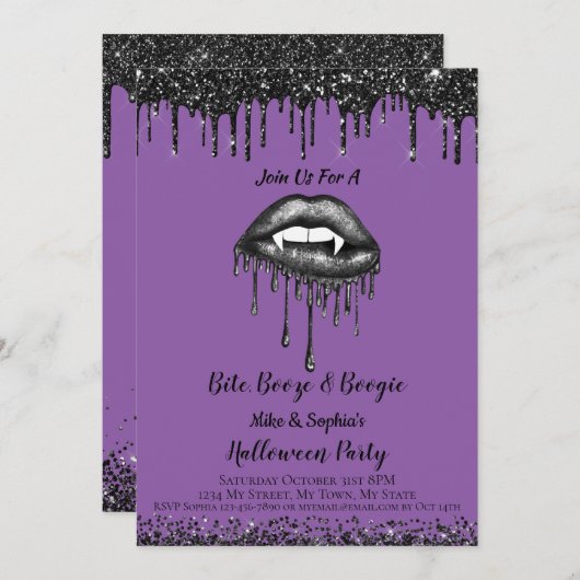 ヴァンパイアパープルグリッターリップ大人ハローウィンパーティ 招待状 (正面/裏面)
