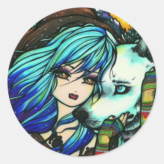 ヴァンパイアホワイトウルフファンタジーフェアリー漫画アート ラウンドシール (正面)