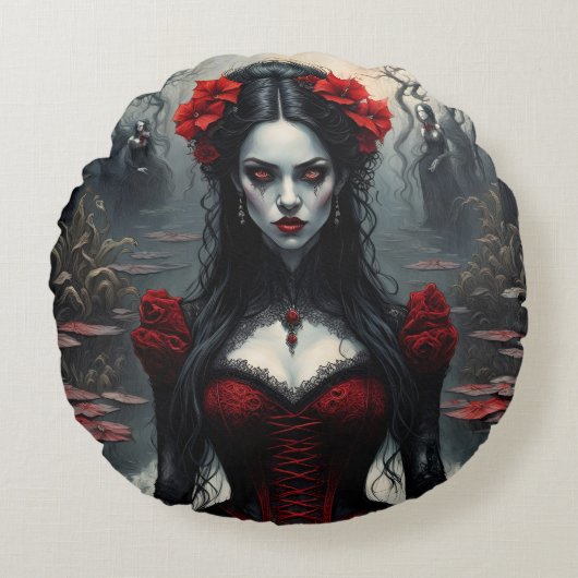 ヴァンパイア女性とスガスカル、1枕に2デザイン ラウンドクッション (正面)