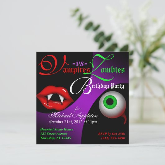 ヴァンパイア対ゾンビーハロウィーン誕生日招待状 招待状 (スタンド正面)