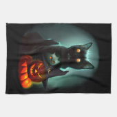 ヴァンパイア猫とウィザードパンプキンハロウィンシュレアル キッチンタオル (横)