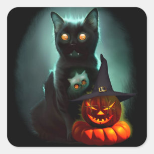 ヴァンパイア猫とウィザードパンプキンハロウィンシュレアル スクエアシール