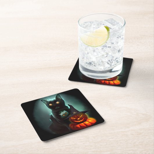 ヴァンパイア猫とウィザードパンプキンハロウィンシュレアル スクエアペーパーコースター (インサイチュ)