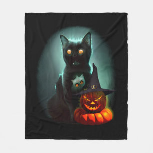 ヴァンパイア猫とウィザードパンプキンハロウィンシュレアル フリースブランケット