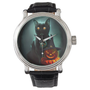 ヴァンパイア猫とウィザードパンプキンハロウィンシュレアル 腕時計
