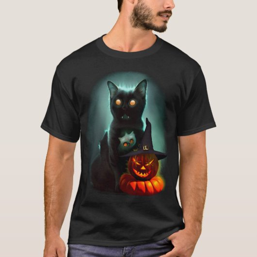 ヴァンパイア猫とウィザードパンプキンハロウィンシュレアル Tシャツ (正面)