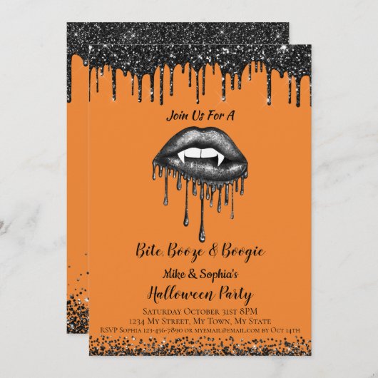 ヴァンパイア黒グリッター唇の大人ハローウィンパーティ 招待状 (正面/裏面)