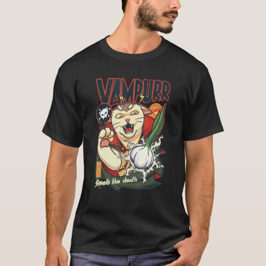 ヴァンパー vs ニンニク 吸血鬼の手 猫 ハロウィン tシャツ (正面)