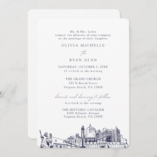 ヴァージニアビーチ結婚教会の二つのロケーション海軍 招待状 (正面/裏面)