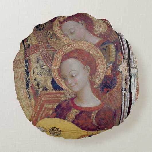 ヴァージンおよび子供の絵画からの天使のミュージシャン ラウンドクッション (裏面)