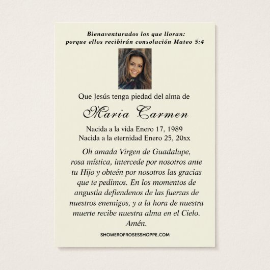 ヴァージンクリスマスグアダルーペスペインの葬儀祈りの言葉 (裏面)