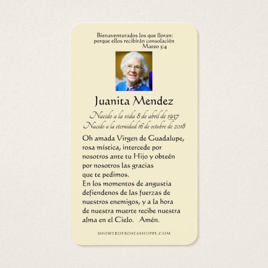 ヴァージンスペインのメアリーバラ宗教葬儀カード (裏面)