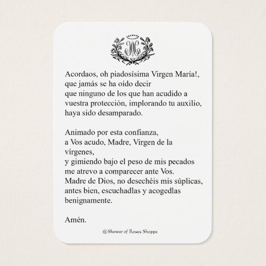 ヴァージンスペインのメアリー祈りの言葉メモリアレホリーカード (裏面)