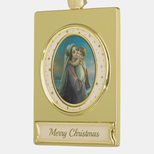 ヴァージンマリアとベビーイエスのクリスマス ゴールドプレートバナーオーナメント (左)