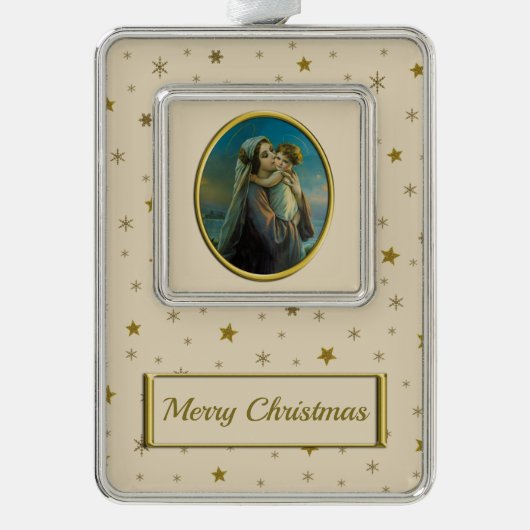 ヴァージンマリアとベビーイエスのクリスマス シルバープレートフレームオーナメント (正面)