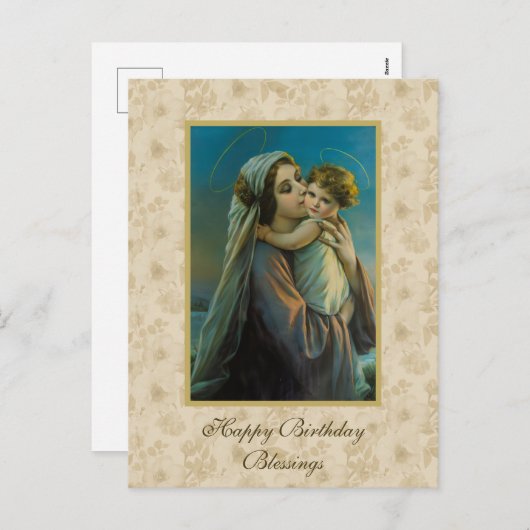 ヴァージンマリアとベビーイエスのフローラ背景 シーズンポストカード (正面/裏面)