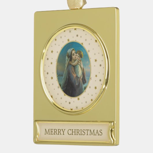 ヴァージンマリアとベビーイエスの背景 ゴールドプレートバナーオーナメント (左)