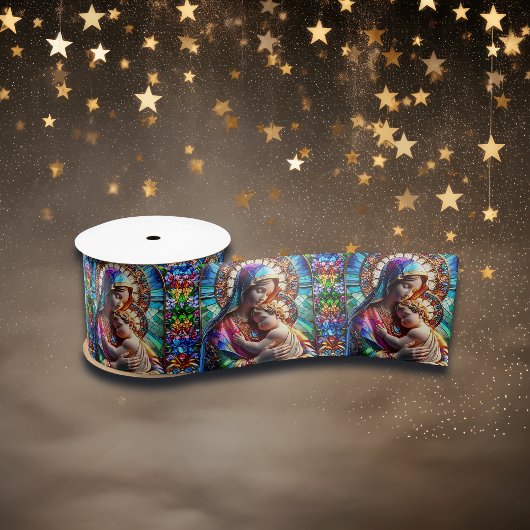 ヴァージンマリアとベビーイエズスのステンドグラス サテンリボン