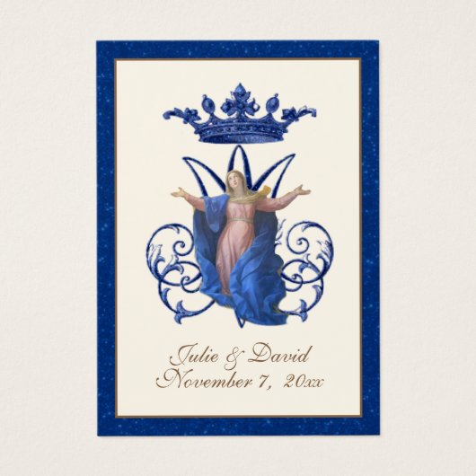 ヴァージンメアリエレガントーブルー結婚式の引き出物カード (正面)