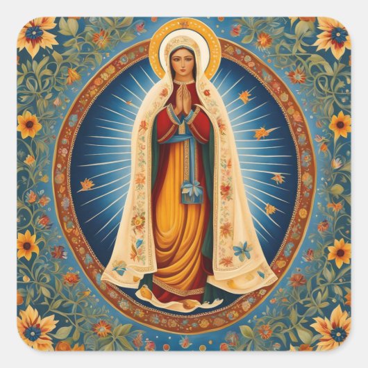 ヴァージンメアリーハローフォークアートブルーウォームホワイトフローラ スクエアシール (正面)