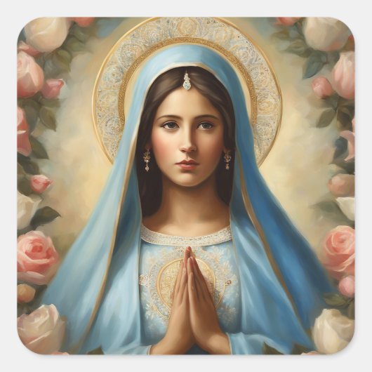 ヴァージンメアリーハロー祈りの言葉飾り付けバラ スクエアシール (正面)
