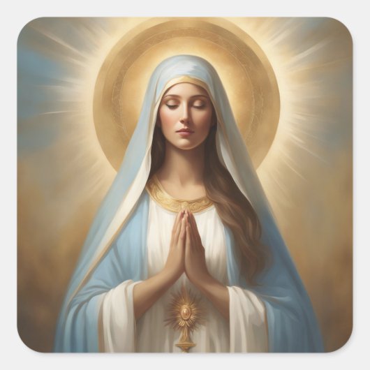 ヴァージンメアリーパワーオブ祈りの言葉金ゴールドハローブルーローブ スクエアシール (正面)