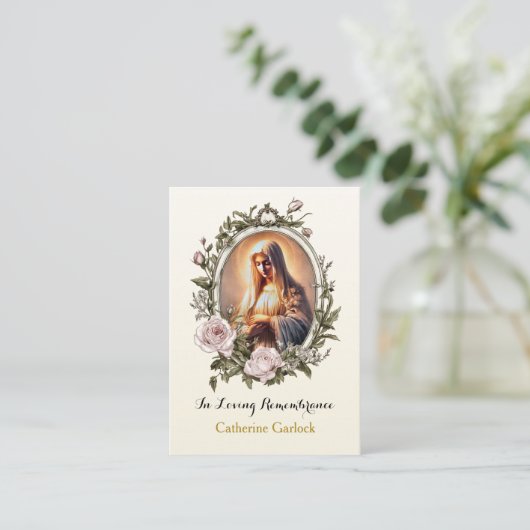 ヴァージンメアリーピンクローゼフレーム葬儀祈りの言葉カード プレイスカード (スタンド正面)