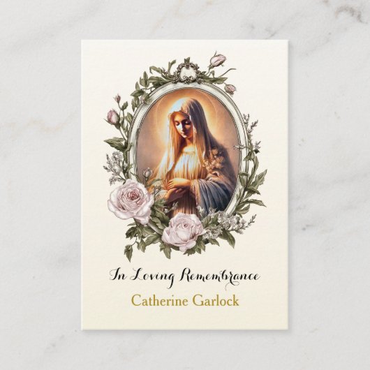 ヴァージンメアリーピンクローゼフレーム葬儀祈りの言葉カード プレイスカード (正面)