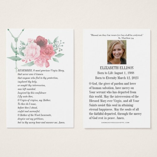 ヴァージンメアリーメモリ祈りの言葉葬儀祈りの言葉カード (正面&裏面)