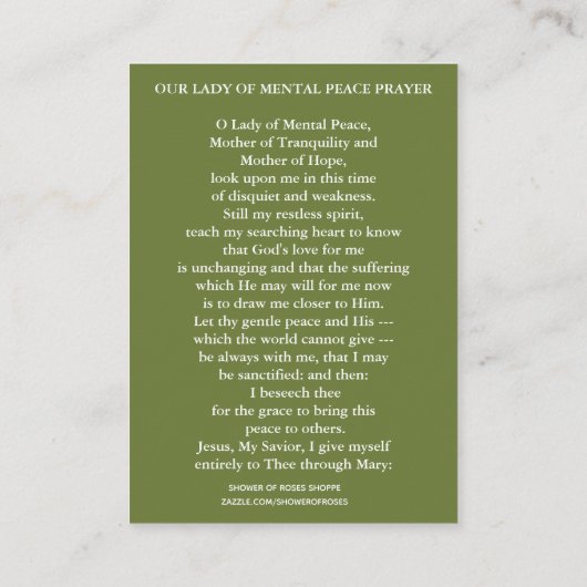 ヴァージンメアリー・オブ・メンタル・ピース・ヘルス・カトリック祈りの言葉 名刺 (裏面)