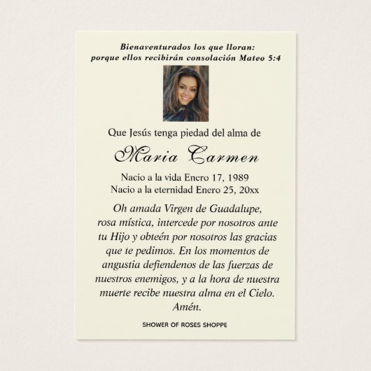 ヴァージンメキシコグアダルーペスペインの葬儀祈りの言葉 (裏面)