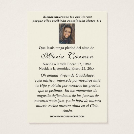 ヴァージンメキシコグアダルーペスペインの葬儀祈りの言葉 (裏面)