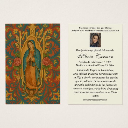 ヴァージンメキシコグアダルーペスペインの葬儀祈りの言葉 (正面&裏面)