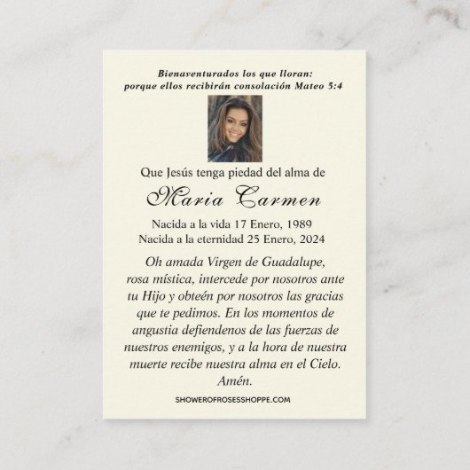 ヴァージンメキシコグアダルーペスペインの葬儀祈りの言葉 プレイスカード (裏面)