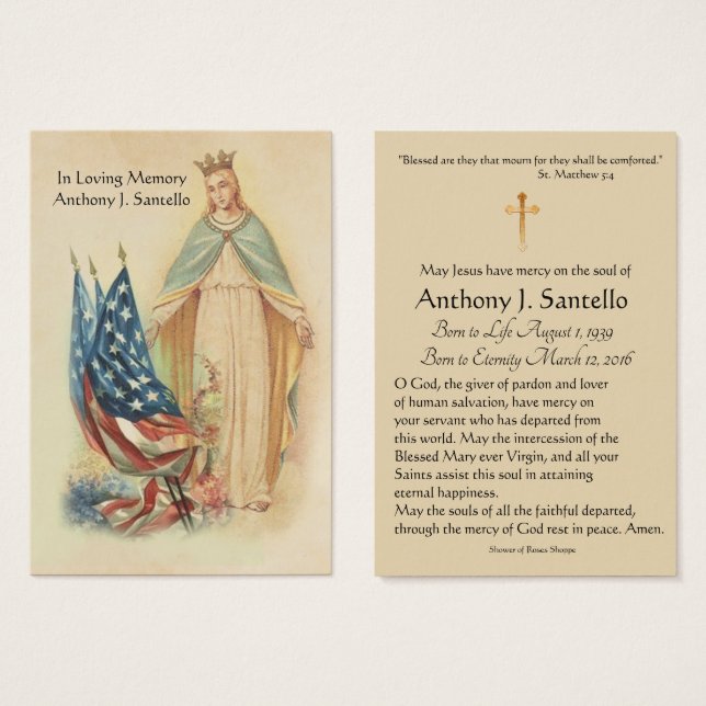 ヴァージンメリーカトリック国旗の葬儀聖カード (正面&裏面)