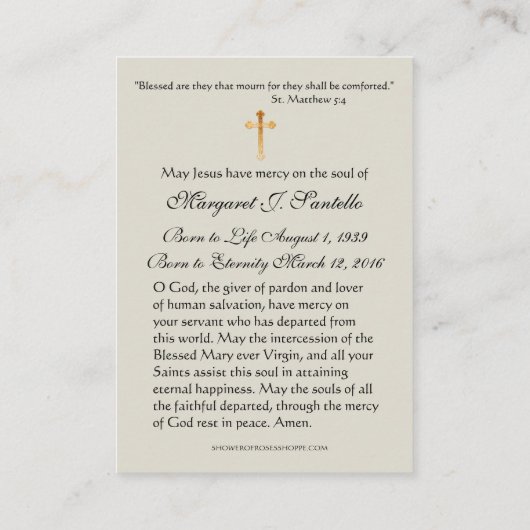 ヴァージンメリーカトリック葬儀記念聖札 – プレイスカード (裏面)