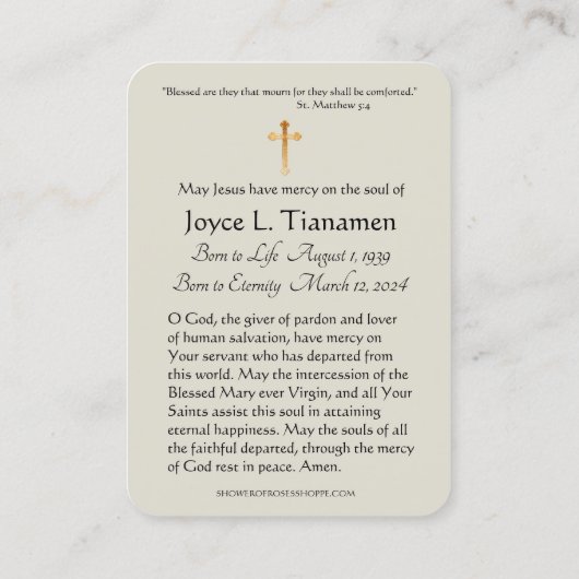 ヴァージンメリーカトリック葬儀記念聖札 – 名刺 (裏面)