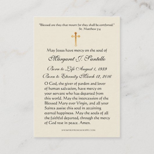 ヴァージンメリーカトリック葬儀記念聖札 –  名刺 (裏面)