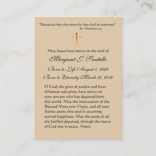 ヴァージンメリーカトリック葬儀記念聖札 –  名刺 (裏面)