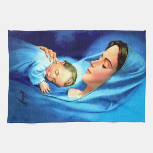 ヴァージン賛美マリアとベビーイエス キッチンタオル (横)