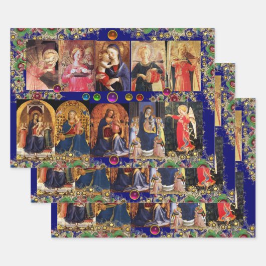 ヴァージン、子供と天使、金ゴールドブルーフローラクリスマス ラッピングペーパーシート (セット)