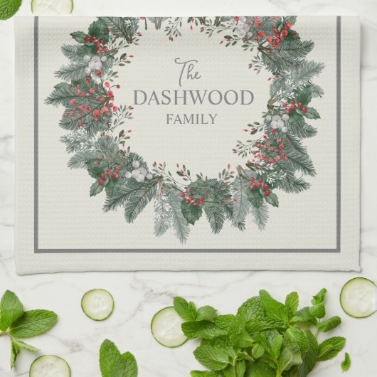 ヴィインテージパーソナライズされたクリスマスリースホリデイ キッチンタオル (折り畳み)