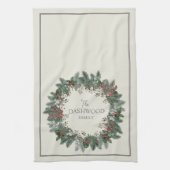 ヴィインテージパーソナライズされたクリスマスリースホリデイ キッチンタオル (縦)