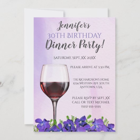 ヴィオレットとワイングラス30th誕生日ディナーパーティー 招待状 (正面)